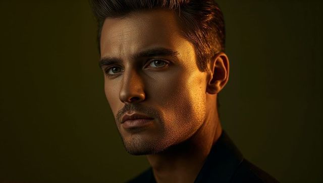Cinematic hispanic male headshot with warm rim lighting, olive green background, textured skin