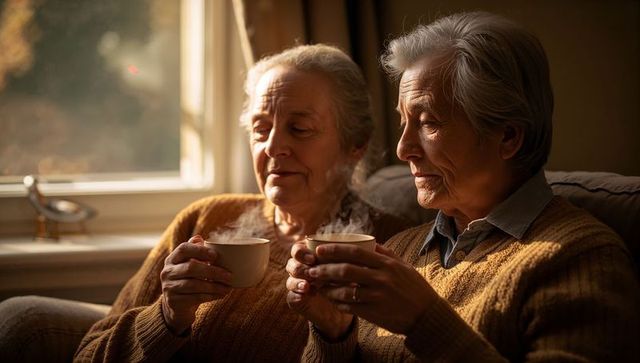 Senior women sharing warm drinks on sofa near window, golden afternoon companionship