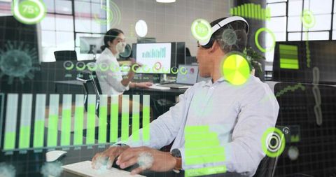 Professional wearing ar headset interacting with green analytics overlays in modern office