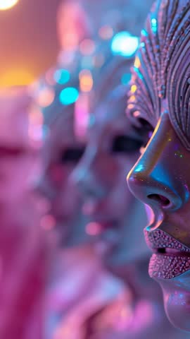 Vertical Neon Mask Reveal | Camera Pulling Focus on Metallic Sculptural Faces and Glitter