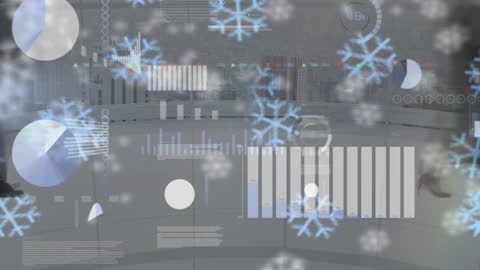 Digital Financial Data with Snowflakes Overlay and Blurred City View
