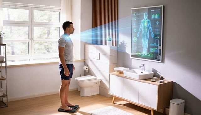Man standing on smart scale receiving holographic body scan from bathroom mirror display