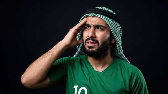 Pensive arab man holding temple wearing green soccer jersey and keffiyeh headscarf