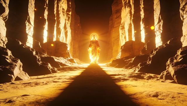 Luminous robed figure standing in sunlit canyon corridor casting long shadow and halo