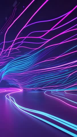 Flowing neon ribbons emerging from left, undulating across dark plane, futuristic vertical motion