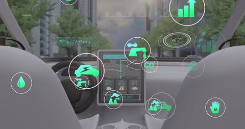 Futuristic Car Dashboard with Ecological Data Overlays