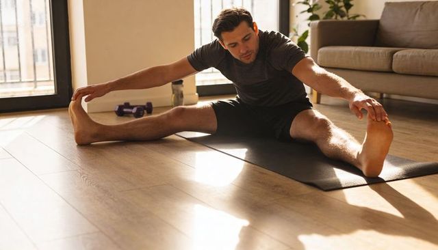 Fit man stretching hamstring on yoga mat in sunlit living room with dumbbells