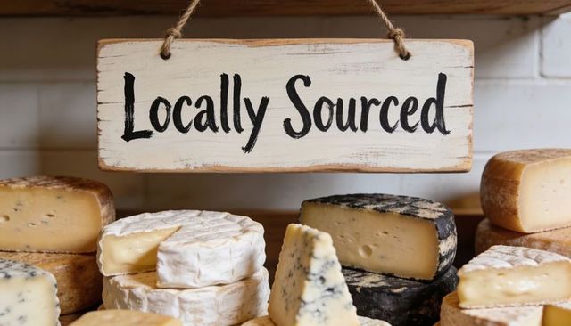 Locally sourced sign hanging above rustic artisan cheese counter with wheels and wedges
