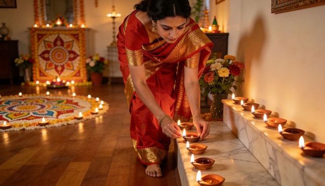 Indian woman lighting diya lamps in red gold saree with rangoli for home diwali celebration