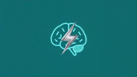 Neon brain with silver lightning bolt illustrating innovation