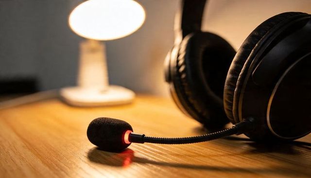 Over-ear headset with boom microphone and glowing red led on wooden desk under warm lamp
