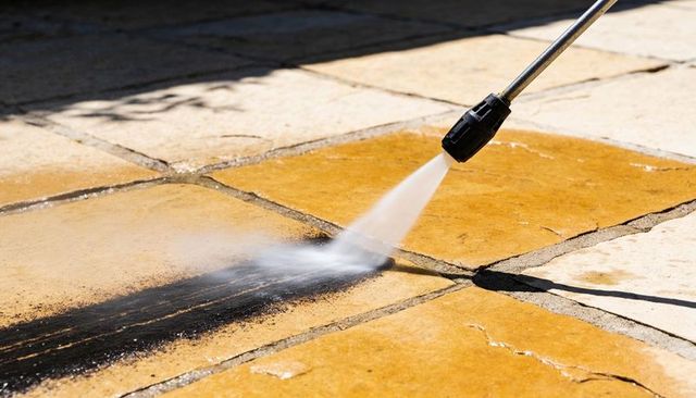 High-pressure washer cleaning stone patio slabs and grout, removing dark stains