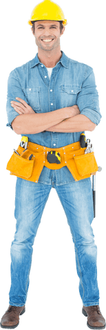 Confident Carpenter in Denim with Yellow Hard Hat Transparent Background - Download Free Stock Videos Pikwizard.com