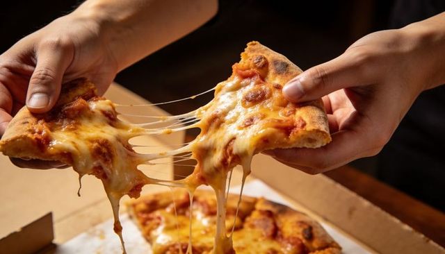 Hands pulling gooey cheese pizza slice with stretching mozzarella over cardboard box on wooden table