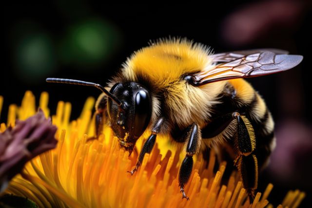This image captures a detailed close-up of a bumblebee collecting pollen from a yellow flower. Ideal for illustrating concepts of pollination, biodiversity, entomology studies, and ecological awareness. Perfect for educational materials, environmental campaigns, and nature-themed designs.