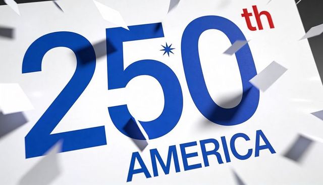 Festive 250th america anniversary graphic featuring bold blue numerals, star and confetti