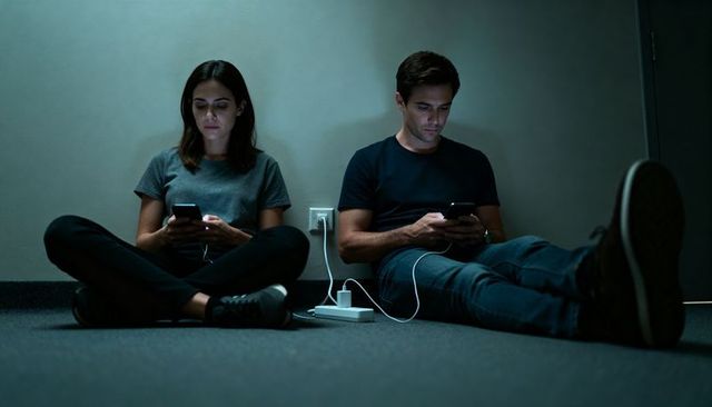 Two people sitting on floor charging phones, scrolling late-night low-light mood