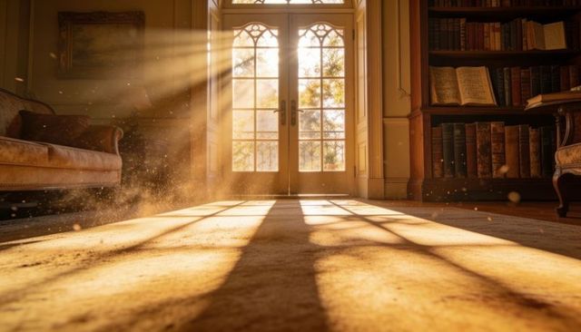 Golden sunbeams streaming through french doors casting dust motes on sunlit rug