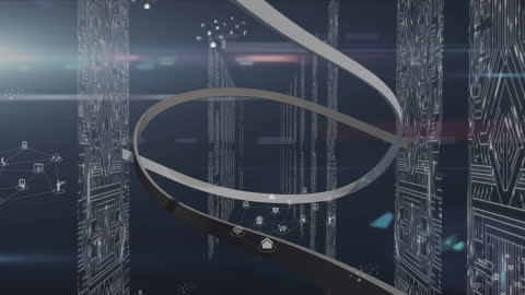 Futuristic Media Icons in Dynamic Server Room Animation