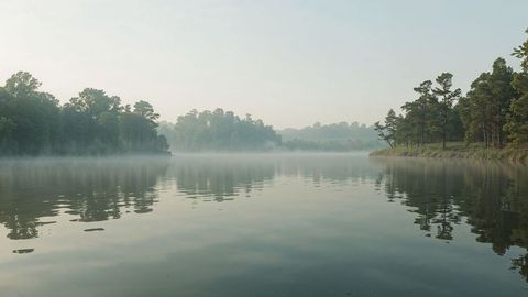 Serene lake with morning mist and forest reflection at dawn