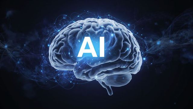 Glowing AI Brain Hologram Pulsing with Neural Network Connections in Cosmic Background