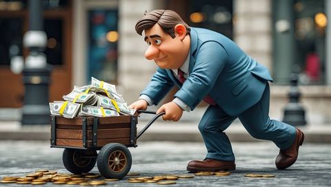 Cartoon businessman pushing money cart in city street amid financial struggles
