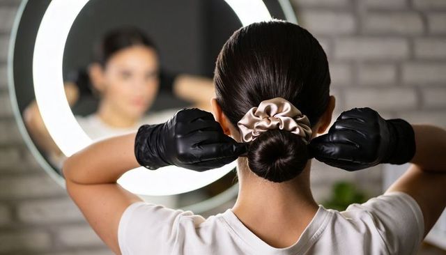 Securing sleek low bun with satin scrunchie under ring light — beauty grooming at vanity