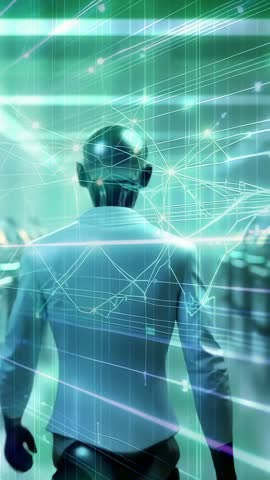 Female Android Striding Through Data Center Scanning Holographic Data Streams Vertical Tech Video