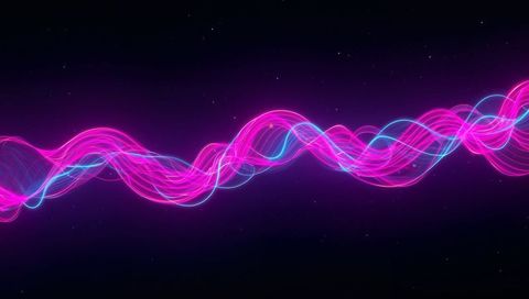Intertwined neon wave ribbons flowing across dark starfield background
