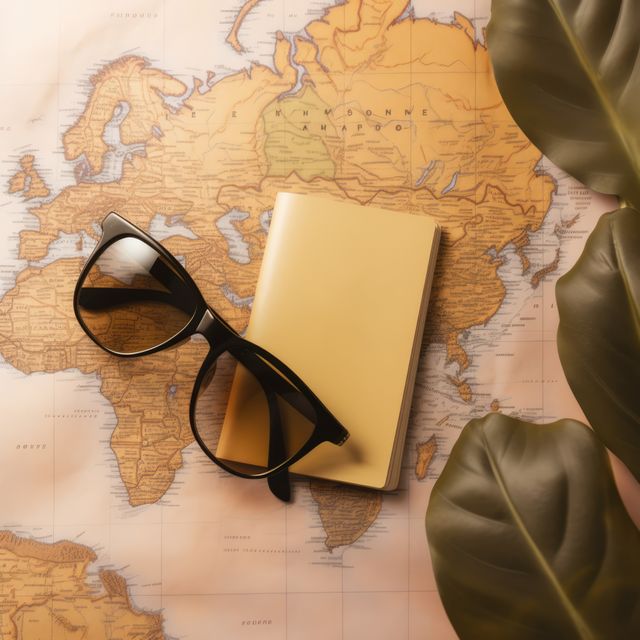 Shows travel essentials on a world map with a journal and glasses, ideal for blogs and advertisements about traveling and vacation planning.