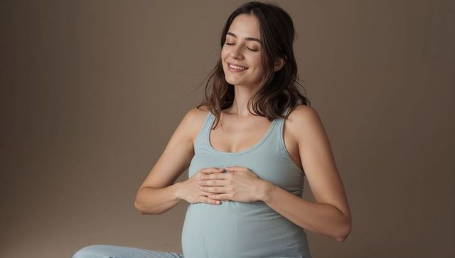 Pregnant woman resting and holding belly, smiling peacefully in minimalist neutral studio
