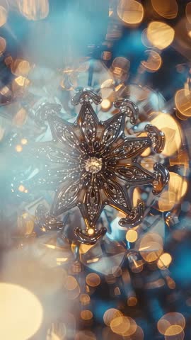 Shimmering metallic snowflake ornament pulsing in kaleidoscope bokeh vertical clip