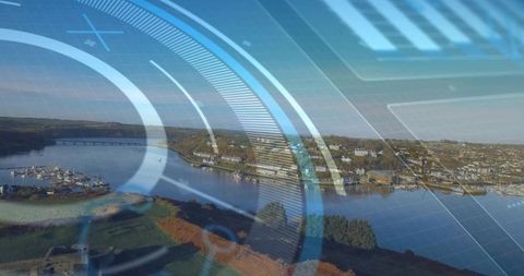 Aerial hud overlay over coastal town and estuary with marina, bridge and harbor panorama