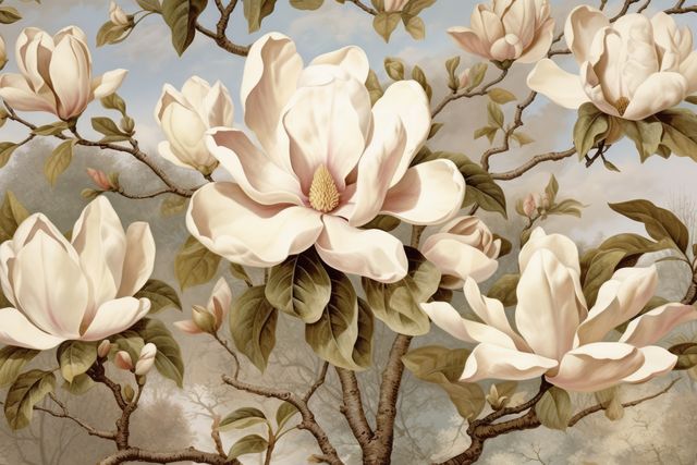 White magnolia flowers on grey background, created using generative ai technology. Magnolia, flower, nature and spring concept digitally generated image.