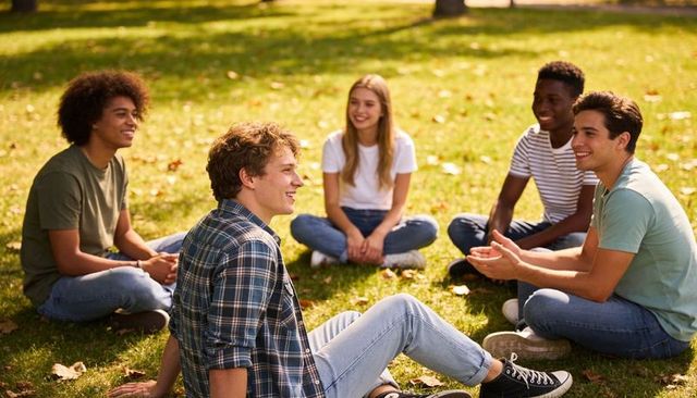 College students sitting in circle on campus lawn enjoying conversation and sunlight