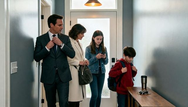 Family leaving home routine parents adjusting tie daughter checking phone son with backpack