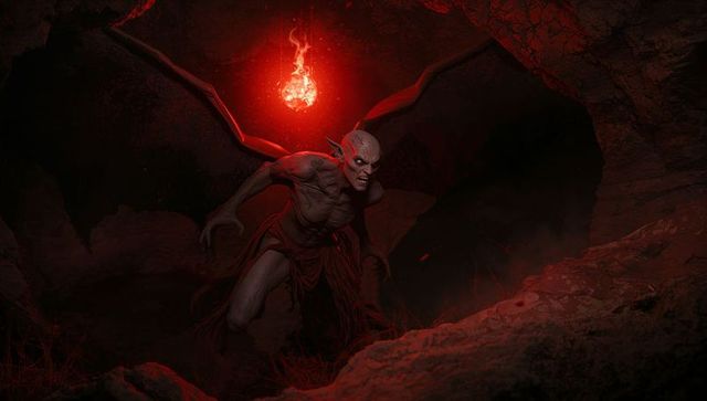 Snarling Demon With Glowing Orb In Dark Cavern