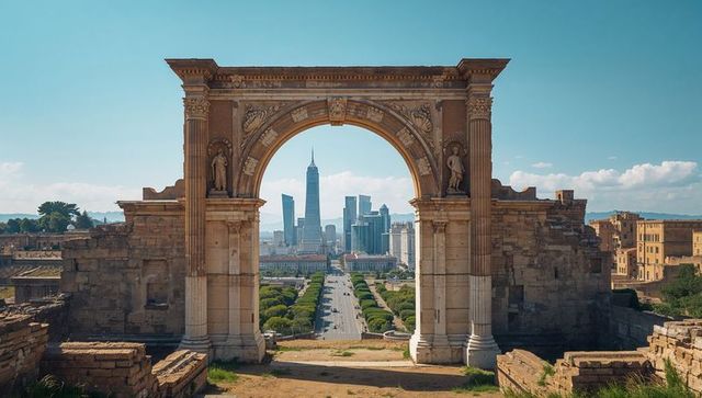 Ancient triumphal arch framing tree-lined boulevard and modern skyline with skyscrapers