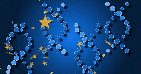 Flowing blue-disc chains adorning deep-blue gradient backdrop with metallic gold stars
