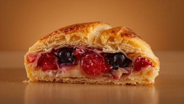 Showing halved glazed mixed berry pastry revealing creamy custard and flaky golden crust