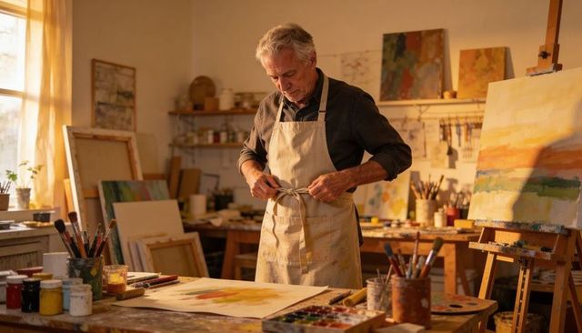 Senior painter tying paint-stained apron in sunlit studio surrounded by canvases