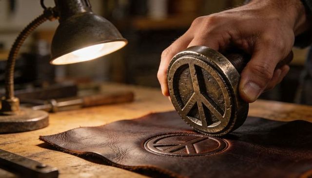 Artisan stamping peace symbol into leather with vintage metal stamp on wooden workbench