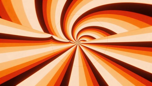 Retro orange spiral tunnel with radial stripes and vanishing point abstract art