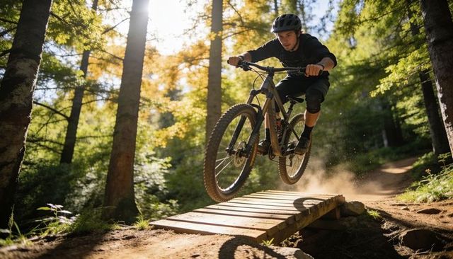 Male mountain biker launching off wooden ramp on sunlit forest trail, full-suspension action