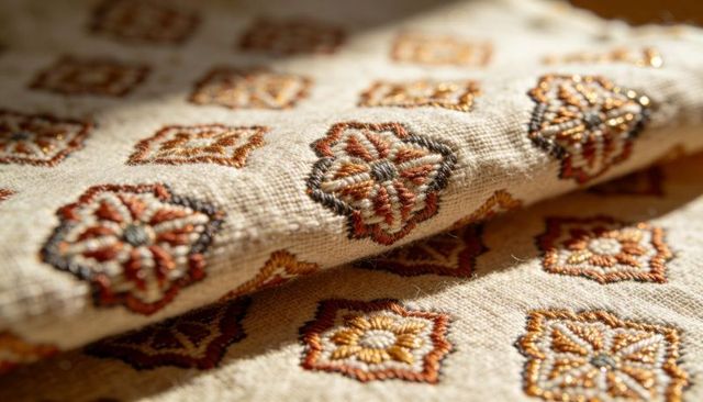 Hand-stitched beige linen textile catching warm sunlight featuring geometric floral motifs