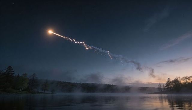 Bright meteor streaking over misty forest lake at dawn creating jagged glowing trail