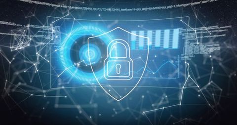 Futuristic cybersecurity shield protecting digital network with padlock hud data analytics