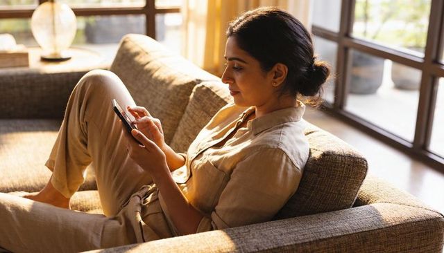 Indian woman relaxing on sunlit sofa using smartphone in cozy neutral living room