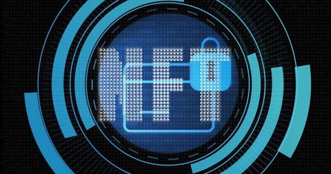 Futuristic hud info notification with neon cyan circular ui, binary grid and tech rings