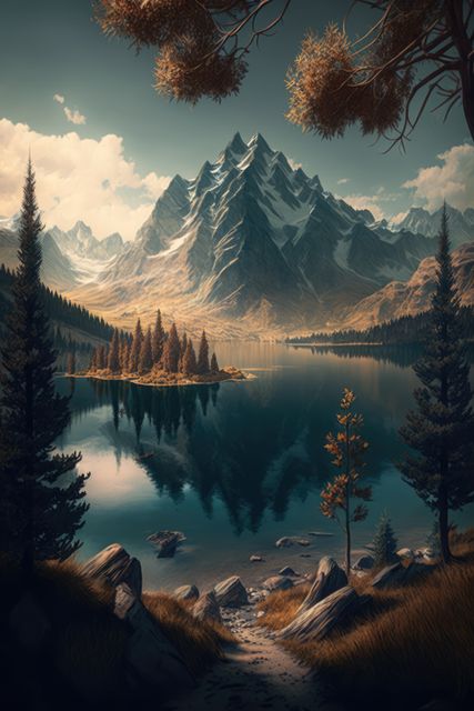 Scenic landscape with lake and mountains, created using generative ai technology. Nature, scenery and beauty in nature concept digitally generated image.